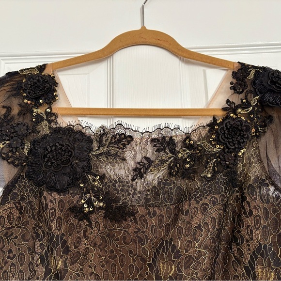 NWT Marchesa Notte Tulle-Trimmed Guipure Lace Cocktail Dress Black/Brown Sz 12 - Picture 8 of 8